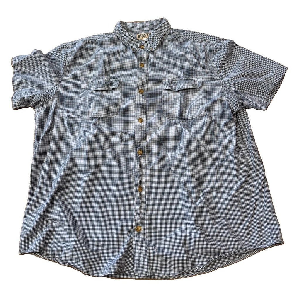 Duluth Trading Mens 2XL Blue Gingham Plaid Free Range Short Sleeve Button Shirt